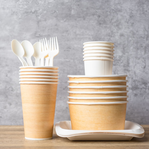 生态友好的食品包装在桌子的背景。天然容器:杯子，盘子，勺子和叉子。零浪费，零污染，地球日，免费塑料，世界环境日的理念图片下载