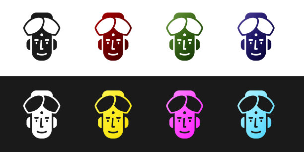 设置肖像的印度人图标孤立的黑色图片下载