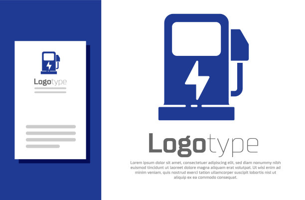 蓝色电动汽车充电站图标隔离图片下载