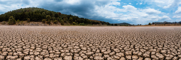 在一个有树木和多云天空的山的背景下，以橙色调的干涸湖泊底部的裂缝的变形景观摄影图片下载