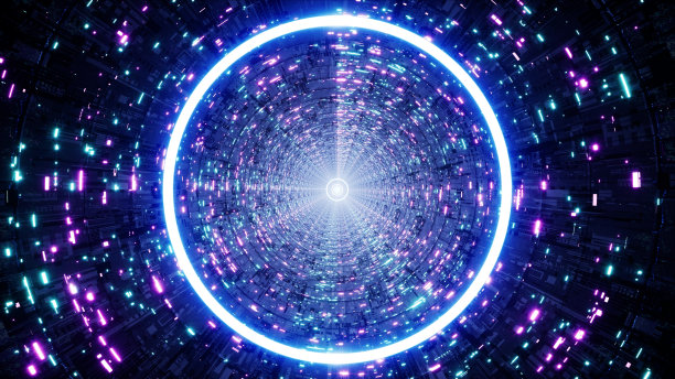 蓝圈灯在霓虹灯数据流网络隧道三维渲染图片下载