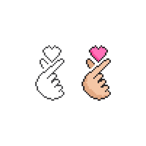 韩式手指心，爱的手势。像素艺术线图标矢量图标插图图片下载