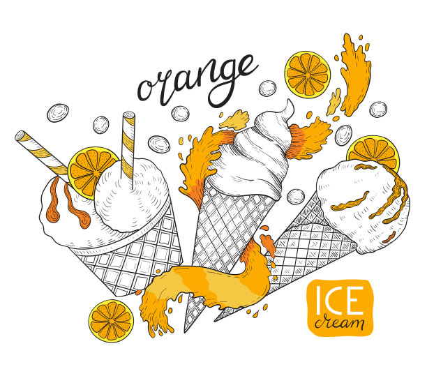 华夫筒里的橙色冰淇淋球。软冰淇淋配上橙皮。夏日的香美味。图片下载