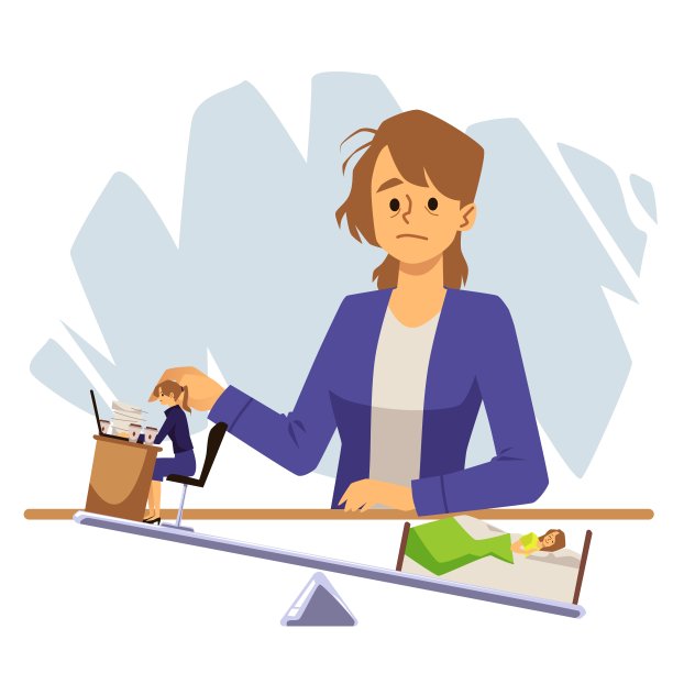 休息和工作平衡与妇女面前的天平，平面矢量隔离。图片下载