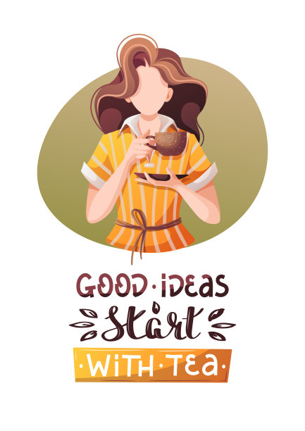 有女人喝茶的卡片和手写的引用。图片下载