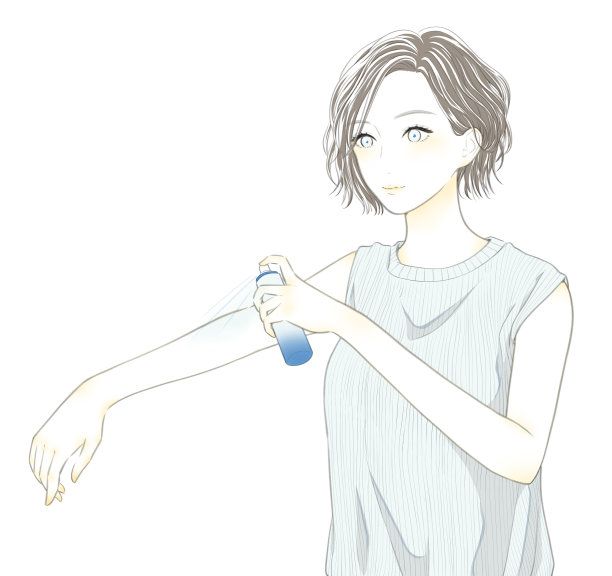 一名妇女在手臂上喷洒防晒霜的插图(白色背景)图片下载