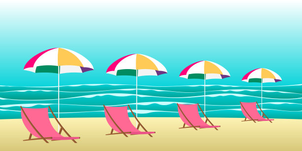 空旷的海滩上有躺椅和遮阳伞。矢量图图片下载