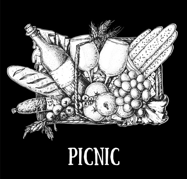 野餐篮子俯瞰草图。手绘矢量插图。夏季在户外食品。野餐篮子里有面包，葡萄酒，葡萄，苹果，奶酪，西红柿，意大利腊肠。食物和饮料插图。图片下载