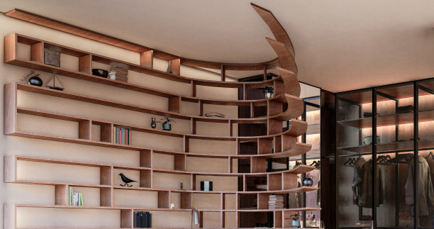 3d渲染艺术木制橱窗与家居装饰物品图片下载