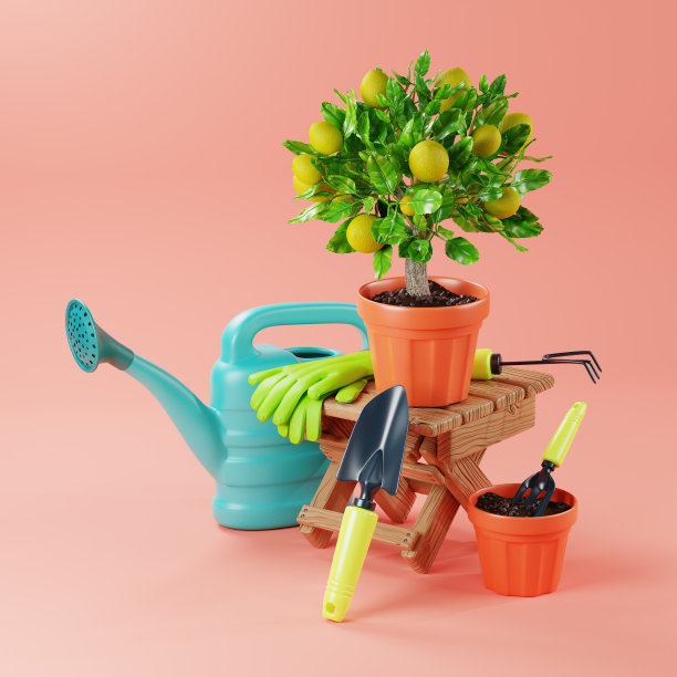 园艺工具，喷壶，柠檬树，椅子。图片下载
