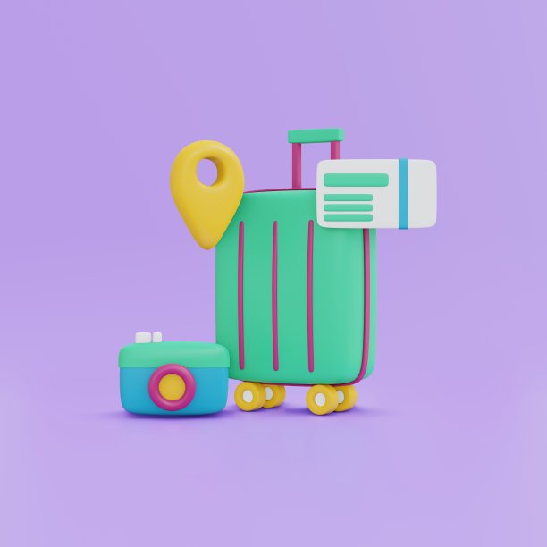 3D渲染行李位置符号机票相机图标旅游度假概念的背景。3D渲染插图卡通风格。图片下载