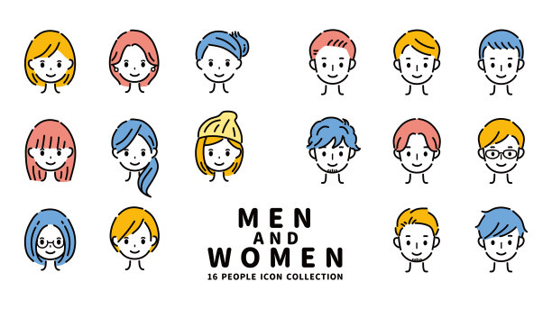 年轻的男性和女性的面部图标。图片下载