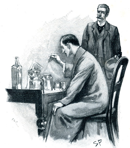 夏洛克·福尔摩斯和华生医生，夏洛克在桌子上做实验图片下载