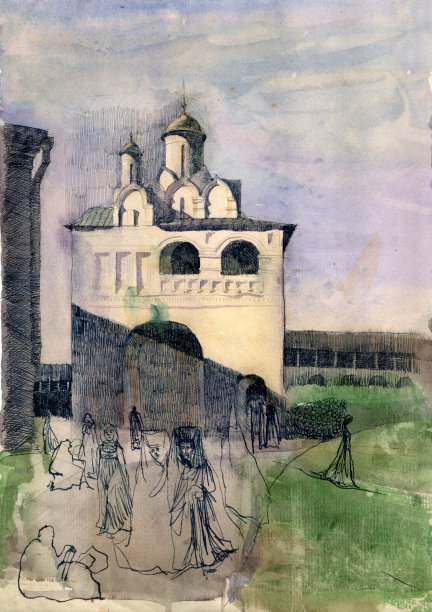 俄罗斯苏兹达尔波克罗夫斯基修道院的天使报喜教堂。大门，后院小径和修女图片下载