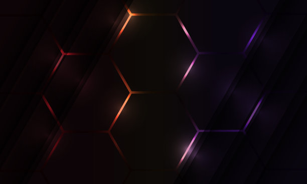 深色六边形游戏抽象矢量背景与彩色明亮的闪光。图片下载