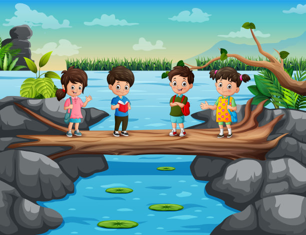 可爱的孩子们在树干桥上过河图片下载