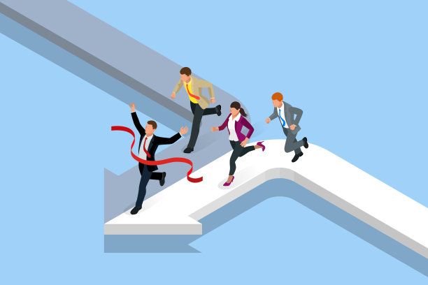 等距的商业成功。企业家，商人，领袖。商人和他的商业团队在一场市场竞赛中获得第一名，冲过终点线，撕破红丝带。图片下载