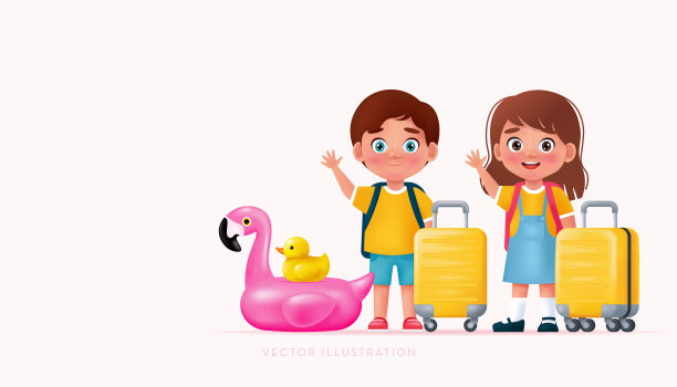 可爱的小男孩和女孩带着行李箱和充气戒指。时间假期横幅与空白的空间。矢量写实卡通插图图片下载