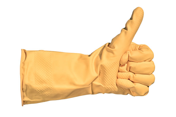 大拇指向上的手势孤立在白色背景。手戴黄色手套，竖起大拇指。图片下载