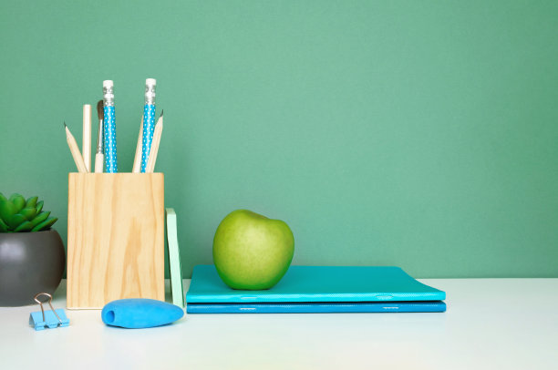 学校设备上白色的桌子，绿色的墙壁背景。教育背景。木制的学校用品，笔记本，铅笔和仙人掌植物。回到学校。学生的桌子上。文具进行研究。在家里工作图片下载