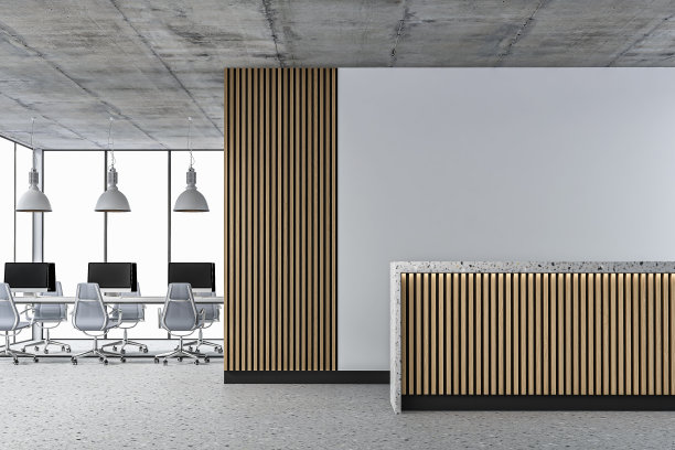 空的办公室内部，水磨石地板上有复印空间、办公桌和接待台图片下载