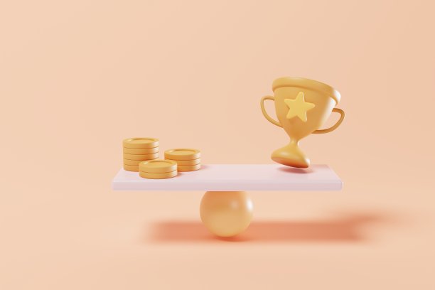 奖杯和金钱在天平上处于同一水平。投资才能成功，经营目标理念。三维渲染图片下载