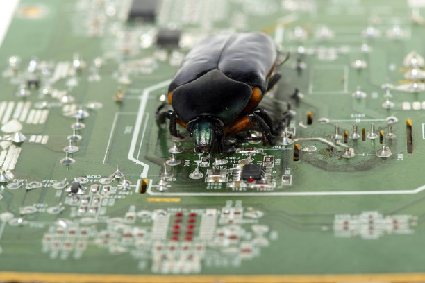 绿色的甲虫在电子电路板上图片下载