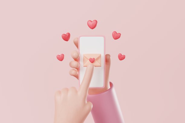 手拿着智能手机与情书或信封和心形的粉红色背景。情话，网恋概念。三维渲染图片下载