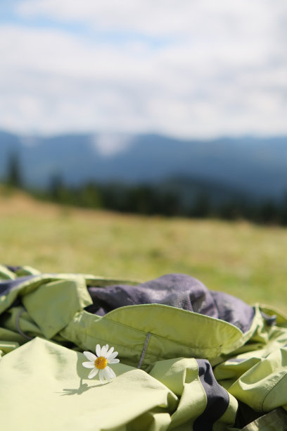 洋甘菊躺在大衣在山的背景图片下载