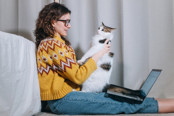 可爱的自由职业女孩在家里用笔记本电脑工作，抱着她的猫图片下载
