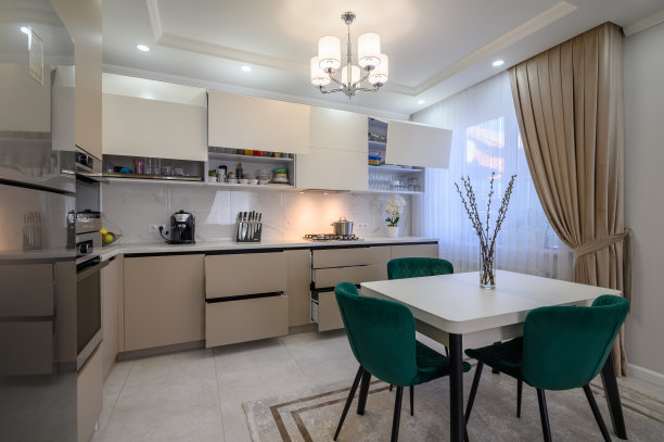 现代白色和米色大豪华厨房和餐桌在一居室公寓图片下载