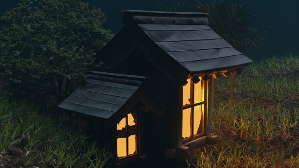 森林中的灯光和小屋图片下载