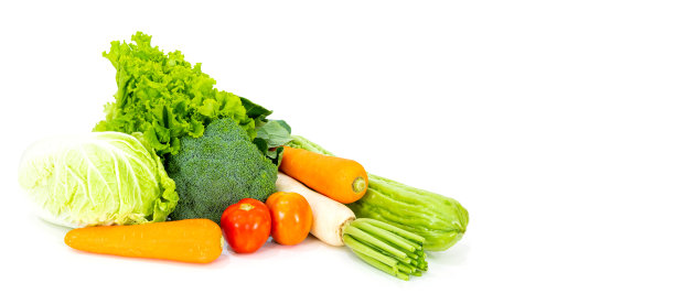 各色蔬菜:白底萝卜，番茄，胡萝卜，大白菜，花椰菜，苦瓜，羽衣甘蓝图片下载