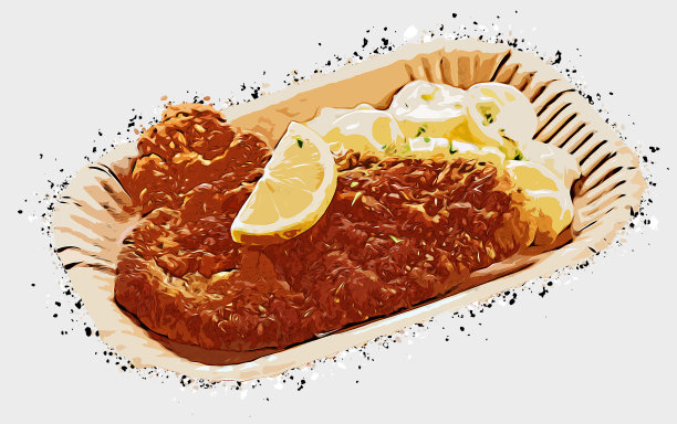 美味的炸肉排配土豆沙拉和柠檬片图片下载
