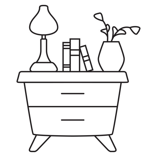 床头灯轮廓图标。细线黑色床头柜与灯。图片下载