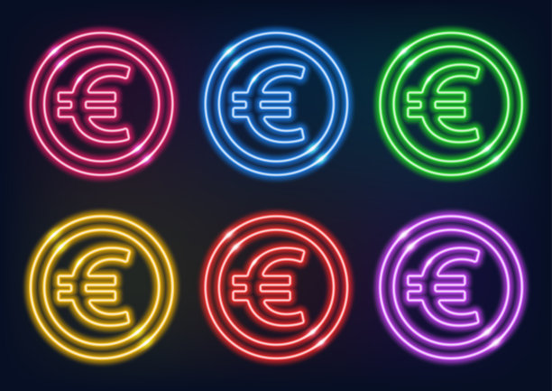 一套不同颜色的欧洲霓虹灯标志。霓虹灯。深色背景上发光的线条。图片下载