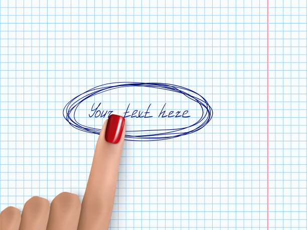 手指指向。手指在白纸上。现实的女性手与红色指甲油。矢量插图网页设计，教育或商业创意项目。图片下载