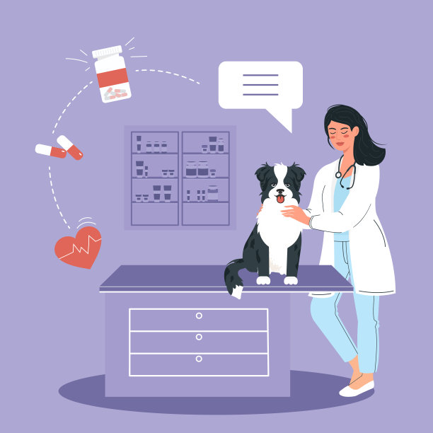 兽医与狗。女兽医诊所工作人员和她的宠物在办公室的背景。兽医诊所。矢量插图。图片下载
