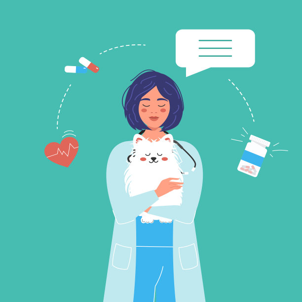 一位女兽医抱着一只狗。关爱宠物健康的理念。兽医诊所。矢量插图。图片下载