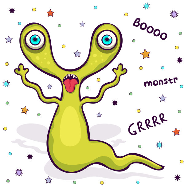 可爱的怪兽，搞笑的卡通人物，彩色的手绘。欢快的绿色童话动物爬行没有爪子与尾巴舌头逗，孤立在白色背景。矢量图图片下载