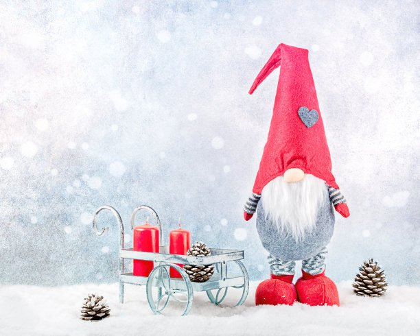 圣诞或新年贺卡与侏儒和雪橇。图片下载