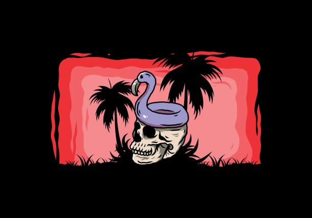 火烈鸟救生圈在骷髅图的顶部图片下载