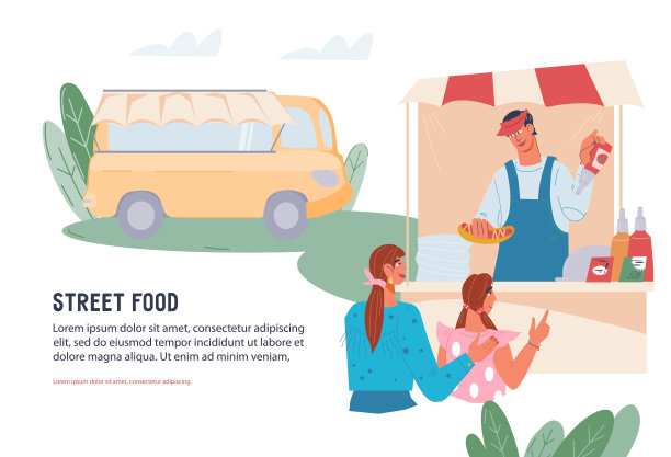 街头美食节网站横幅模板平面矢量插图。图片下载