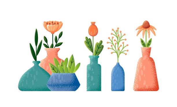 花瓶里的花，有质感的花束。孤立的春天野花插在花瓶里，花盆里有绿叶。当代平面家居装饰元素，矢量绽放工具包图片下载