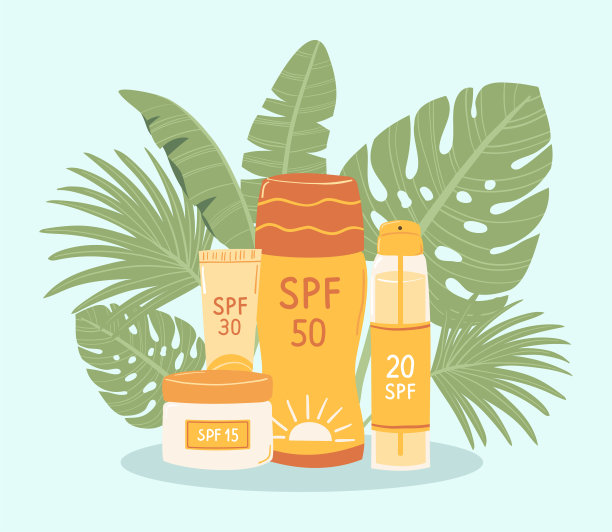 含有SPF的防晒霜。防晒产品和蓝色背景的热带树叶。概念保护紫外线辐射。夏天的化妆品。插画护肤品，面霜，喷雾，管。向量。图片下载