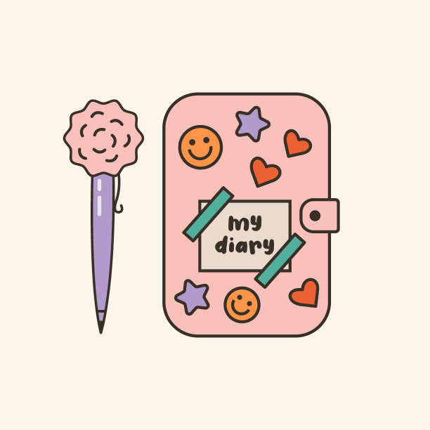矢量插图可爱的女孩个人日记和毛绒绒的钢笔图片下载