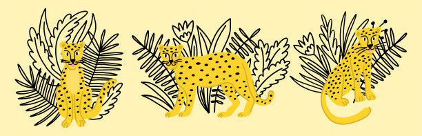 一套儿童风格的卡通好笑的豹子和花图片下载