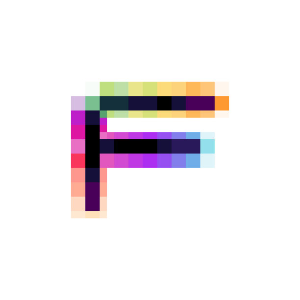 全息图字母F标志与故障失真像素效果。色彩设计的转变。图片下载