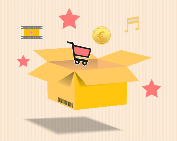 打开空纸板箱3d插图与图标设置。音符，欧元硬币，视频图标，购物车和星星图片下载