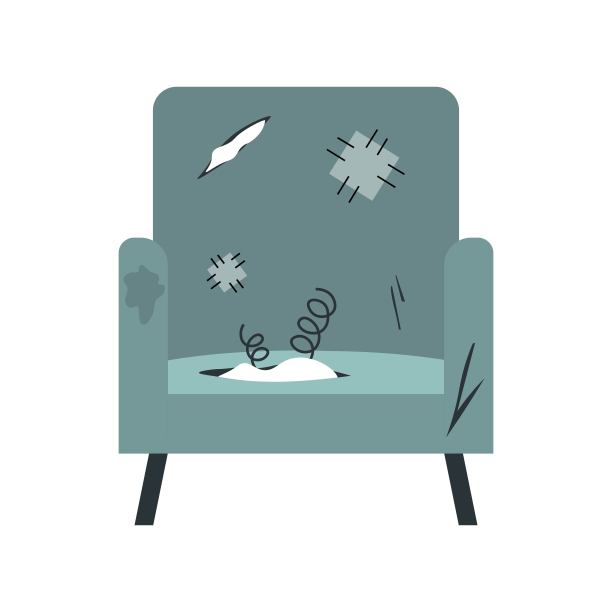 破旧的扶手椅。带弹簧和孔的破椅子。垃圾堆里的家具。带补丁的洞蓝色扶手椅。平面矢量插图孤立在白色背景上。图片下载